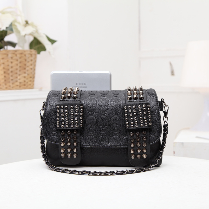 Skull Debossed Texture Rivet Crossbody Handbag