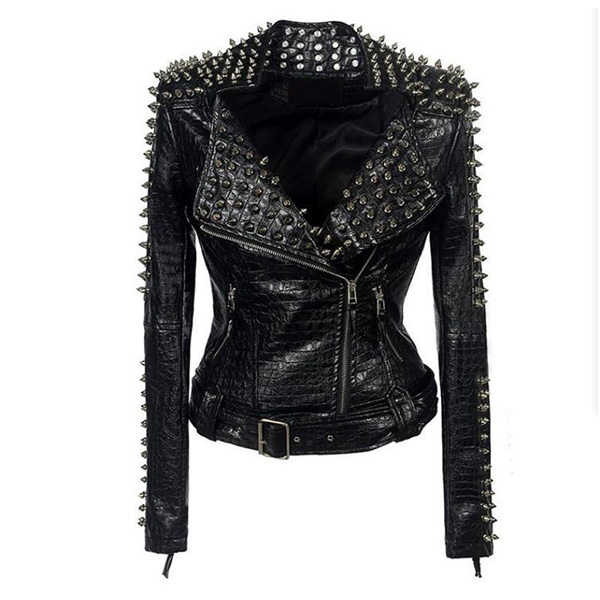 Women PU Leather Studded Spike Crocodile Skin Jacket